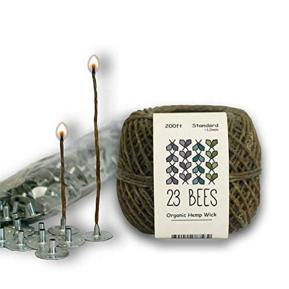 100% Organic Hemp Candle Wick 1.0mm Standard + Wick Sustainer Tabs 200pcs for Candle Making, 23 Bees, European Imported Hemp Spool 200ft with Natural Beeswax Coating