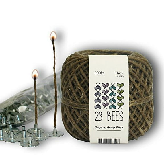 100% Organic Hemp Candle Wick 2.0mm Thick + Wick Sustainer Tabs 200pcs for Candle Making, 23 Bees, European Imported Hemp Spool 200ft with Natural Beeswax Coating