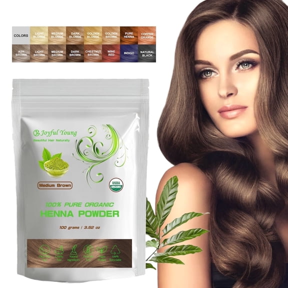 100% Organic Henna Hair Color – Natural, Chemical-Free Hair Dye for Rich, Vibrant Color & Gloss – Grey Coverage, Safe for All Hair Types, Vegan Non-Toxic, Herbal Hair Treatment (MEDIUM BROWN)