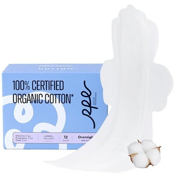 100% Organic Overnight Pads for Women, Ultra Thin Extra Heavy Flow Sanitary Pads with Wings Cotton Menstrual Pad Extra Coverage Period Pad Super Absorbency Feminine (Overnight, Size 5, 12 Ct)