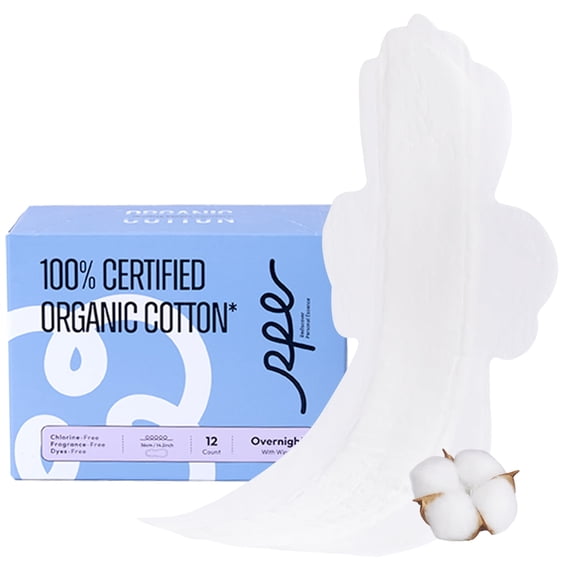 100% Organic Overnight Pads for Women, Ultra Thin Extra Heavy Flow Sanitary Pads with Wings Cotton Menstrual Pad Extra Coverage Period Pad Super Absorbency Feminine (Overnight, Size 5, 12 Ct)