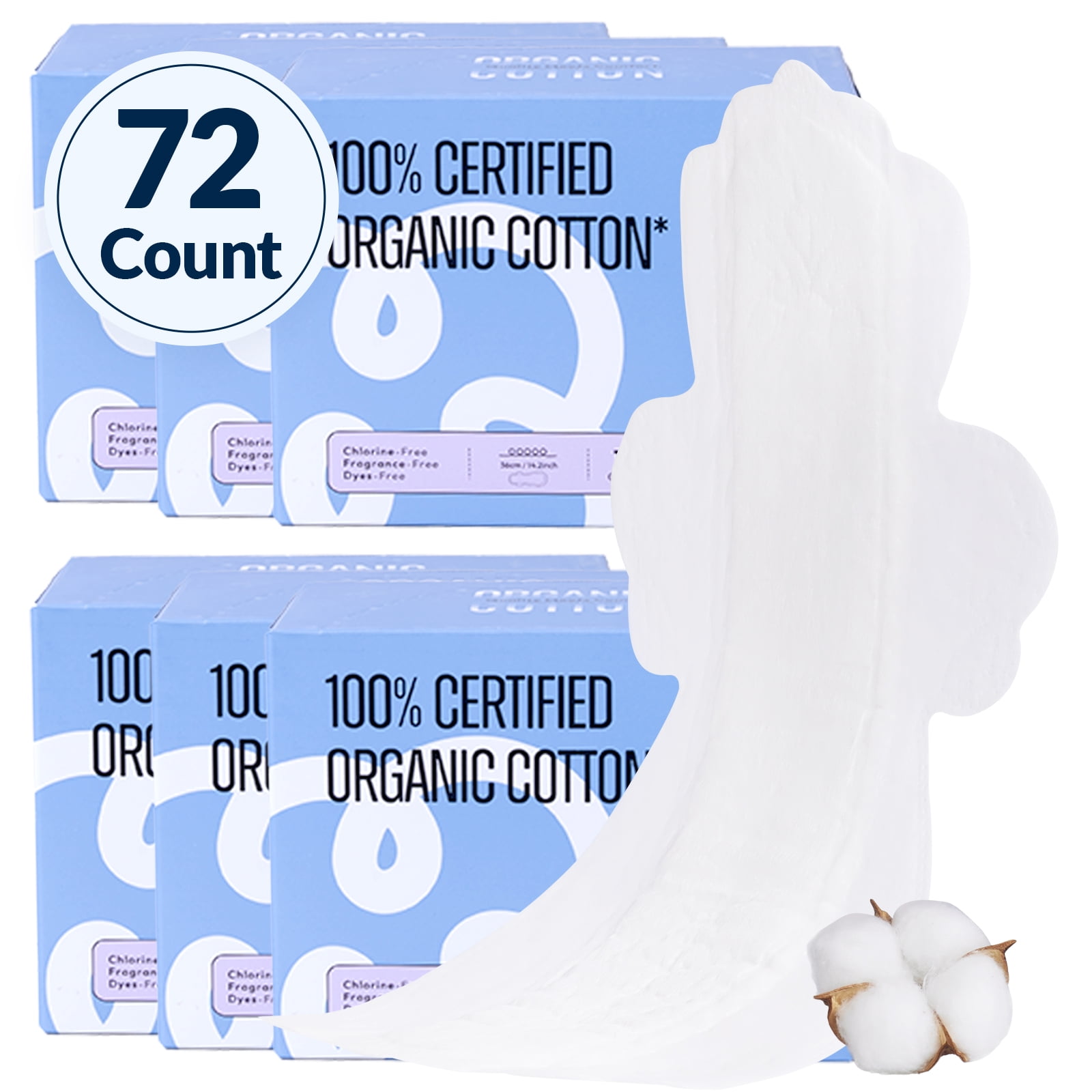 100% Organic Overnight Pads for Women, Ultra Thin Extra Heavy Flow Sanitary Pads with Wings Cotton Menstrual Pads Extra Coverage Period Pads Super Absorbency Feminine Pads (Overnight, Size 5, 72 Ct)