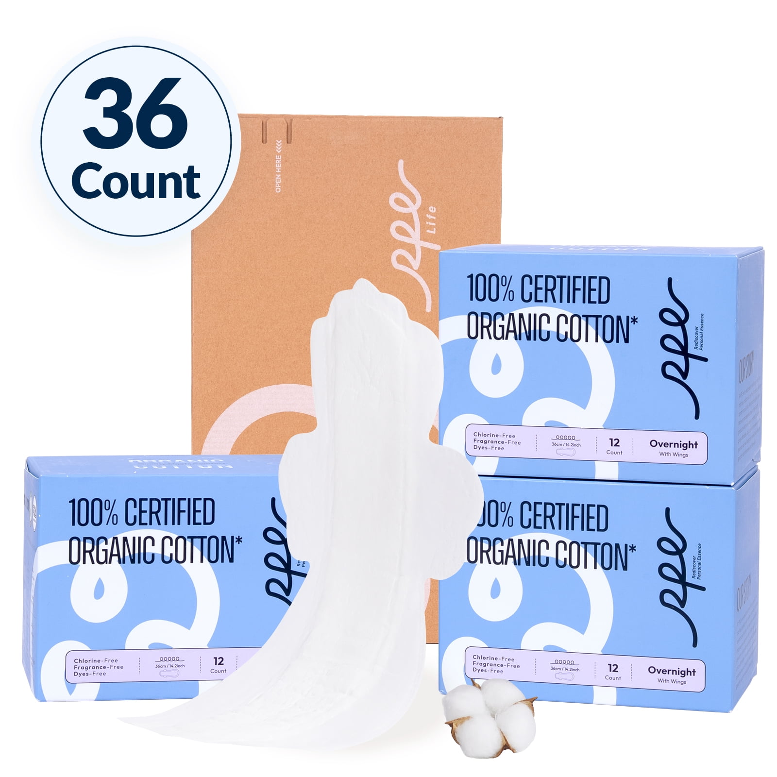 100% Organic Overnight Pads for Women, Ultra Thin Extra Heavy Flow Sanitary Pads with Wings Cotton Menstrual Pads Extra Coverage Period Pads Super Absorbency Feminine Pads (Overnight, Size 5, 36 Ct)