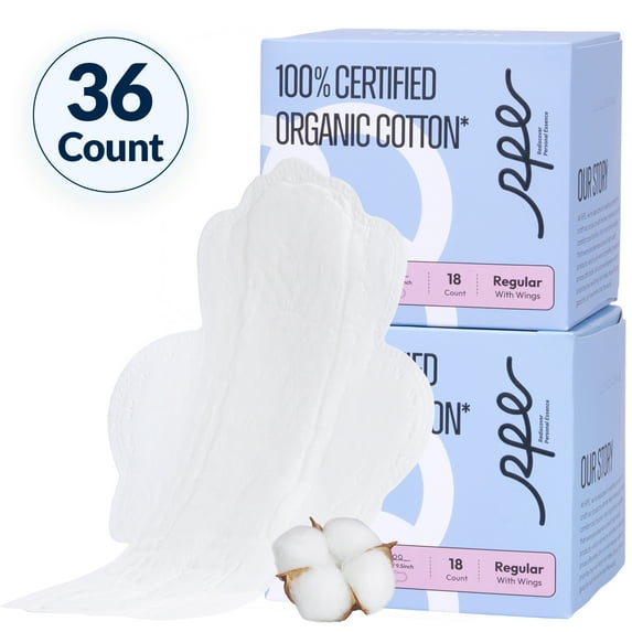 100% Organic Pads for Women, Organic Cotton Cover Pads - Regular Absorbency, Unscented, Ultra Thin Pads with Wings for Women (Regular, Size 3, 36 Count)