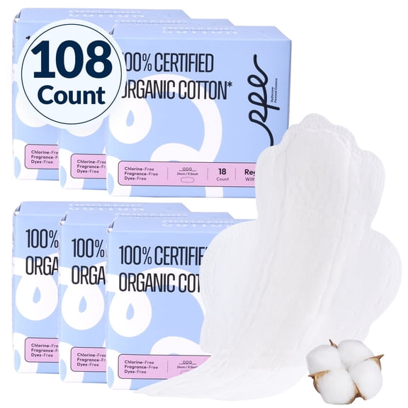 100% Organic Pads for Women, Ultra Thin Feminine Pads with Wings, Unscented Period Pads, Regular Absorbency Sanitary Pads, Organic Cotton Pads Menstrual (Regular, Size 3, 108 Count)