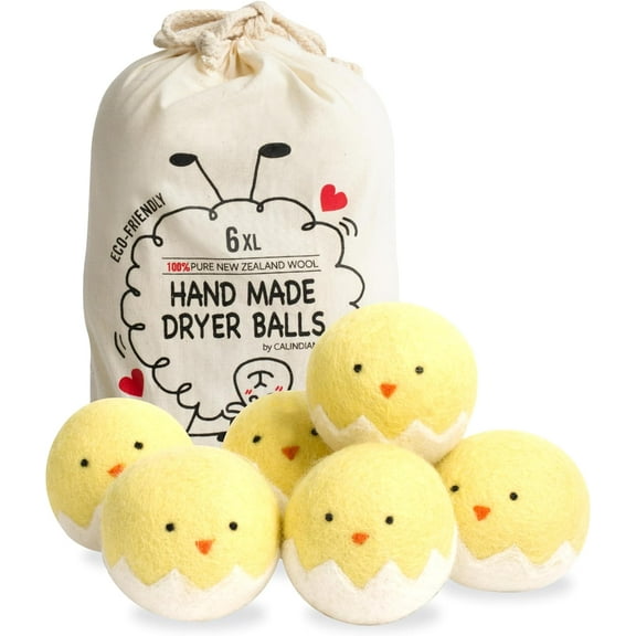 100% Organic Premium New Zealand Wool Dryer Balls Laundry Reusable Fabric Softener, Cute Dryer Sheets Alternative, Anti Static XL Size 6 Pack, Yellow Chick