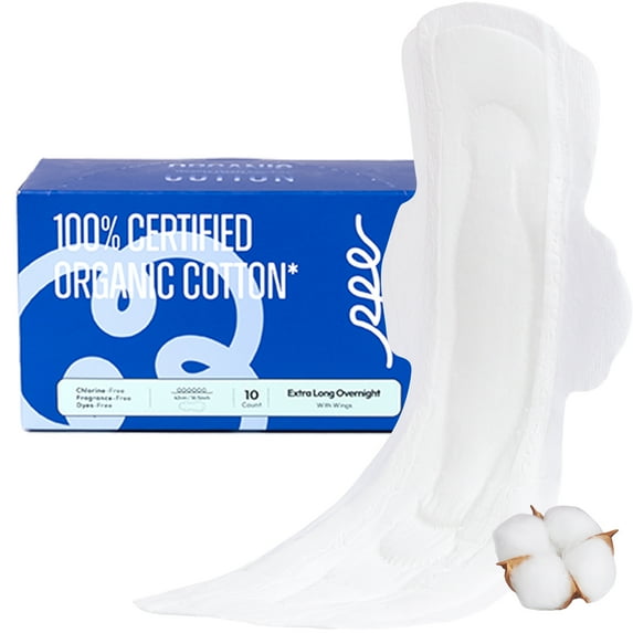100% Organic Super Long Overnight Pads with Wings, Extra Heavy Sanitary Pads for Women Ultimate Absorbency, Ultra Thin Extra Coverage Cotton Period Menstrual Pads (Extra Long Overnight, Size 6, 10ct)
