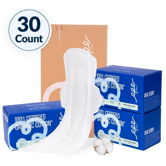 100% Organic Super Long Overnight Pads with Wings, Extra Heavy Sanitary Pads for Women Ultimate Absorbency, Ultra Thin Extra Coverage Cotton Period Menstrual Pads (Extra Long Overnight, Size 6, 30ct)