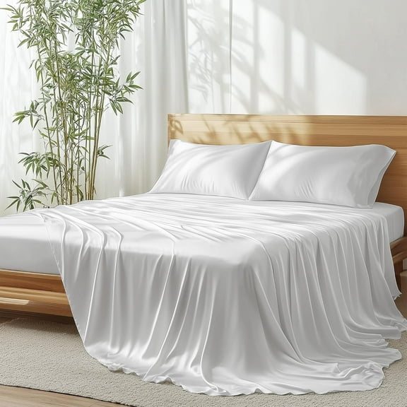 100% Organic Viscose From Bamboo Sheets King Size Set - Ultra Soft & Luxuriously Cooling Sheets for Hot Sleepers, Double Stitching, 16" Deep Pocket, 4-Piece King Size Bed Sheets Set (White)