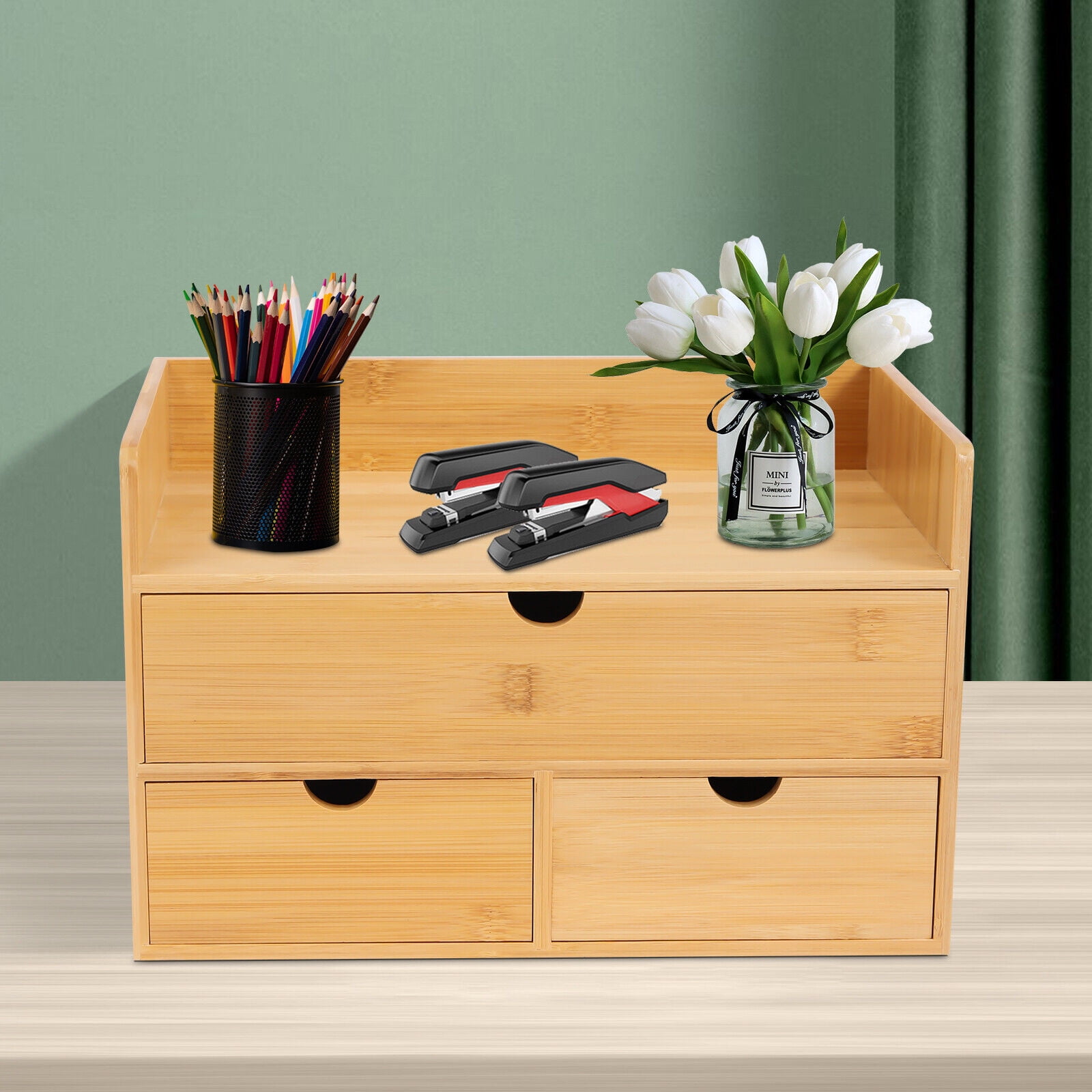 100% Original Bamboo Desk Organizer - Mini Bamboo Desk Drawer Tabletop Storage Organization Box for Office Home Toiletries Supplies, No Assembly Required (3 Drawer)
