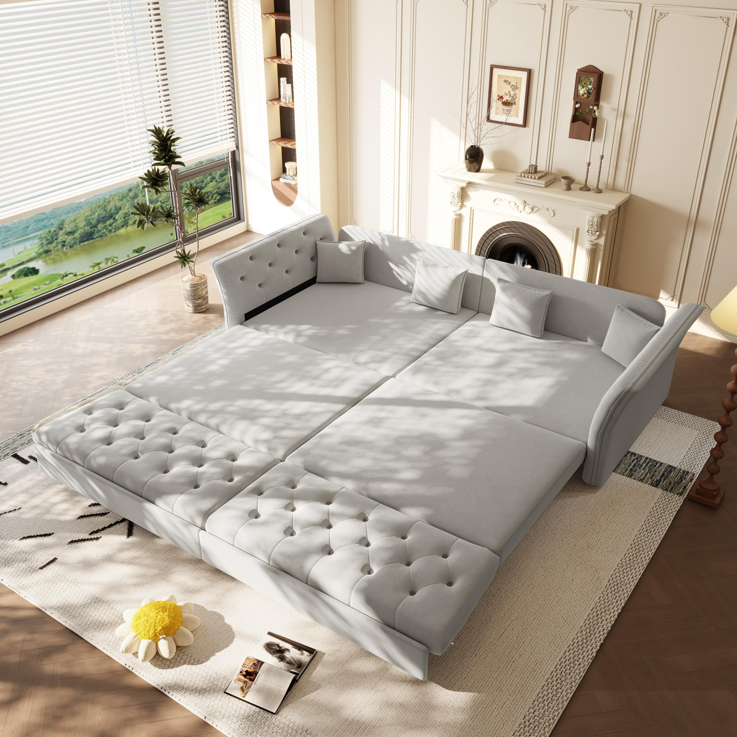 100" Oversize Light Grey Velvet Sofa Bed, Convertible Sleeper Loveseat with Handmade Flower Tufted Design, Multi-Functional 4-Seater for Living Room, Bedroom, Apartment