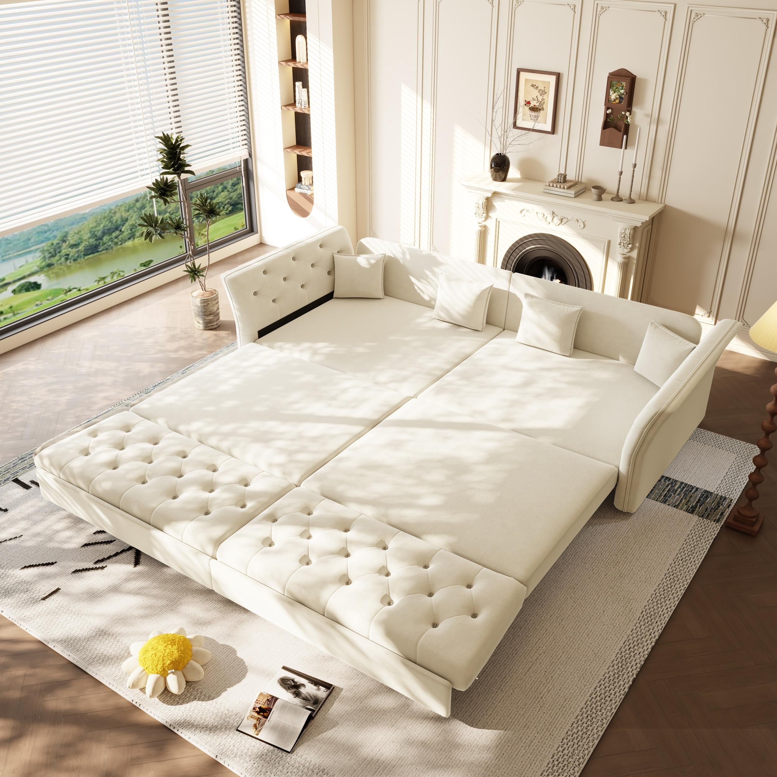 100" Oversize Pull-Out Sofa Bed, Beige/White Velvet Convertible Sleeper Sofa, 4-Seater Loveseat Bed with Handmade Flower Tufted Design for Living Room, Bedroom, Apartment