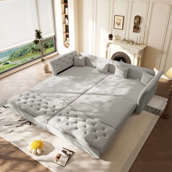 100" Oversize Pull Out Sofa Bed, Convertible Sleeper Sofa with Handmade Fabric Flower Tufted Design for Living Room Bedroom Apartment, Light Grey