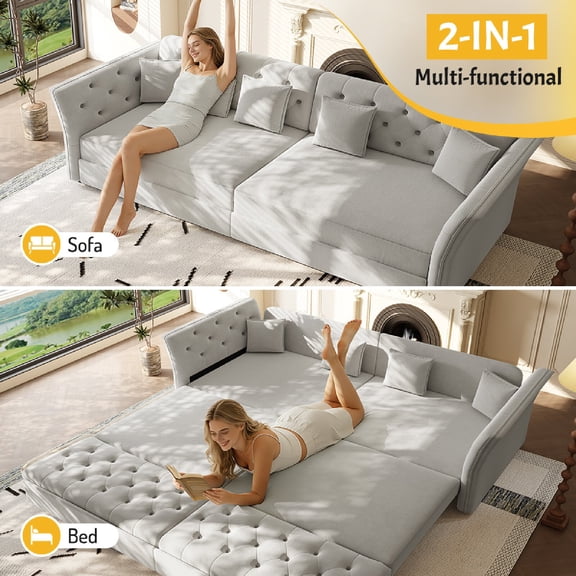 100" Oversize Pull Out Sofa Bed, Convertible Sleeper Sofa with Handmade Fabric Flower Tufted Design,Multi-Functional Velvet Loveseat Bed for Living Room, Apartment, Light Grey