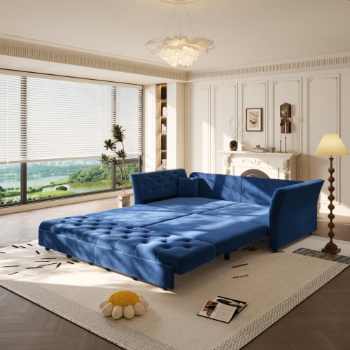 100" Oversize Velvet Pull Out Sofa Bed, Convertible Sleeper Loveseat with Handmade Flower Tufted Design, Multi-Functional Sofa Couch for Living Room & Bedroom, Blue