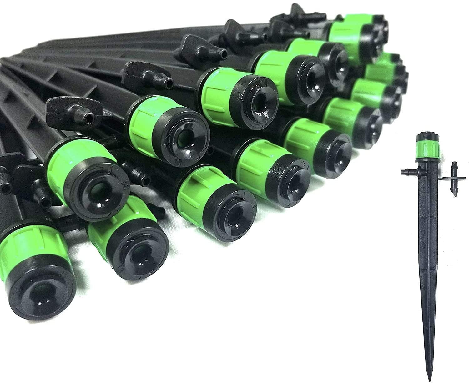 (100-PACK) - 1/4" Inch 360 Degree Drip Emitter On 6" Stake Sprayer Adjustable Flow 0-20 GPH, Fits 1/4 (4-6mm) Irrigation Tubing - Micro Bubbler Drippers for Drip Irrigation