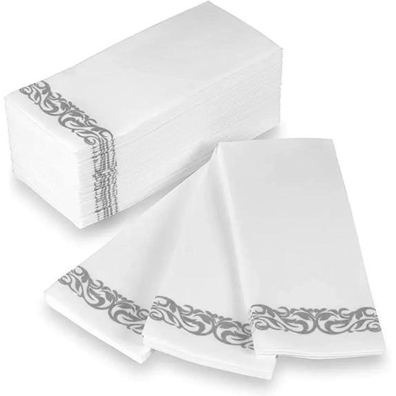 (100 PACK) Cloth Like Dinner Napkins with Silver Border Design Disposable - Single Use Linen Feel Guest Towels, Absorbent, Soft, Elegant, Bathroom Hand Towels, Party, Wedding, Napkins, Tablesetting