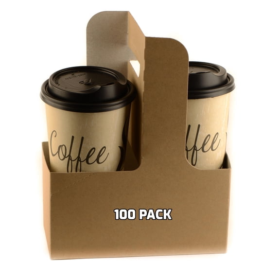 [100 PACK] Disposable Cup Drink Carrier with Handles - Kraft 2 or 4 Cup Carrier, Paperboard Cup Holder - Disposable Cup Holder for Hot and Cold Drinks - To Go Coffee Cup Holder for Food Delivery