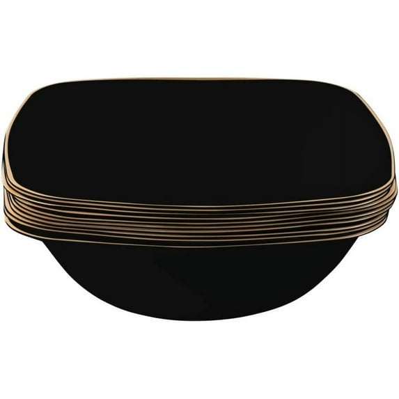 (100 PACK) EcoQuality 16 oz Black Plastic Square Bowls with Gold Rim - Disposable Plastic Soup Bowls, Heavy Duty Plastic Salad Bowls, Dessert Bowl for Baby Showers, Weddings, Birthday Party
