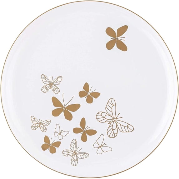 (100 PACK) EcoQuality 8.6" inch Round White Plastic Plates with Gold Butterfly Design - Disposable China Like Party Plates, Heavy Duty Dinner Charger Plates, Salad Plate, Dessert, Weddings, Serveware