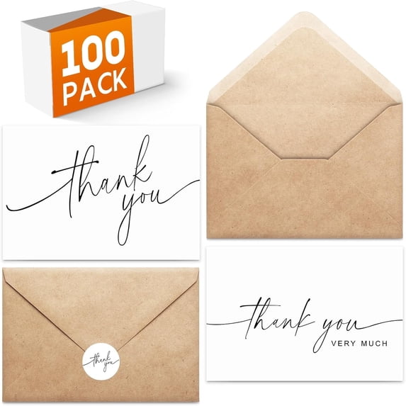 Unbranded Thank You Blank Greeting Cards Bulk With Kraft Envelopes And Matching Stickers 100 Pack 4x6 Inch