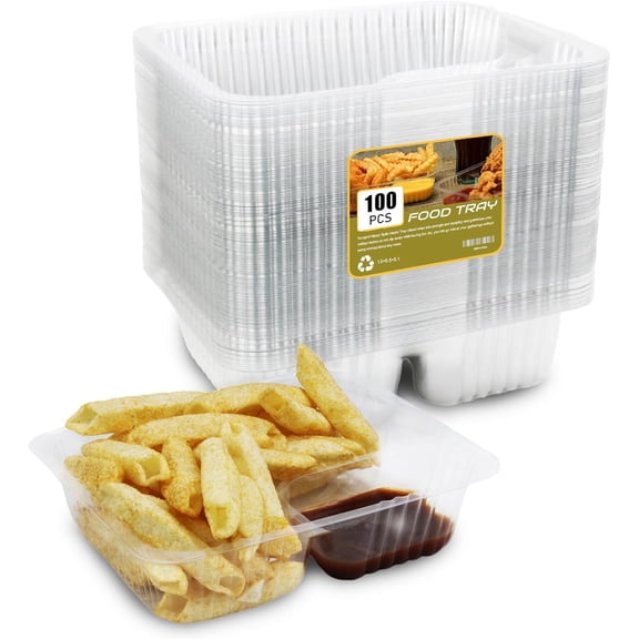 100 PC Nacho Trays Disposable, 12oz Plastic Nacho Containers with Chip and Dip Holder, 6x5 In 2 Compartments Clear Snack Trays for Kids,Parties, Movie Night Supplies (Plastic-100pc)