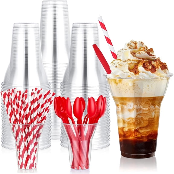 100 PCS 12oz Plastic Parfait Cups with Spoons & Paper Straws, Disposable Root Beer Float Cups for Party, Clear Crystal Dessert Cup for Milkshake Ice Cream Sundae Slushie Cold Drinks Supplies