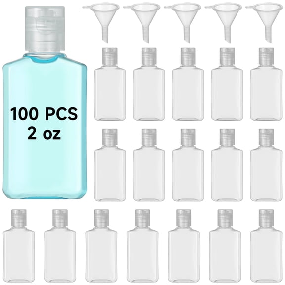 100 PCS 2 oz Travel Bottles, Small Plastic Bottle with Flip Cap, Empty Squeeze Travel Bottle, Refillable Cosmetic Containers with 5 Funnels Lotion