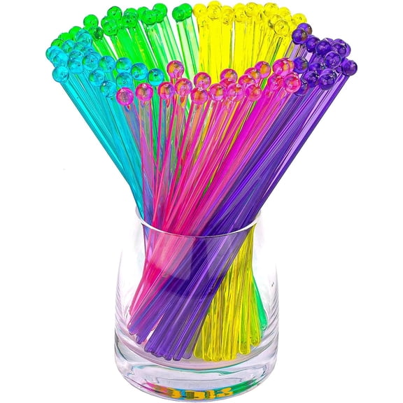 100-PCS 5 Color Plastic Swizzle Sticks, Crystal Cake Pops, Cocktail Coffee Drink Stirrers, Stir Sticks, 7.24 Inch (Pink, Yellow, Blue, Purple, Green)