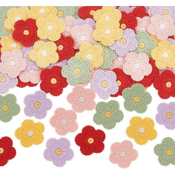 100 PCS 5 Colors Crochet Flowers Applique 1inch Sewing Flowers Cloth Patches Handmade Knitted Flowers Patches Crocheted Floral Costume Accessories for Clothing Repair DIY Craft Decor