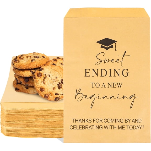 100 PCS 6x9 Inches Graduation Candy Cookie Treat Bags Sweet Endings to New Beginnings Buffet Treat Bags Congrats Grad Kraft Paper Bags for Graduation Party Decoration Supplies