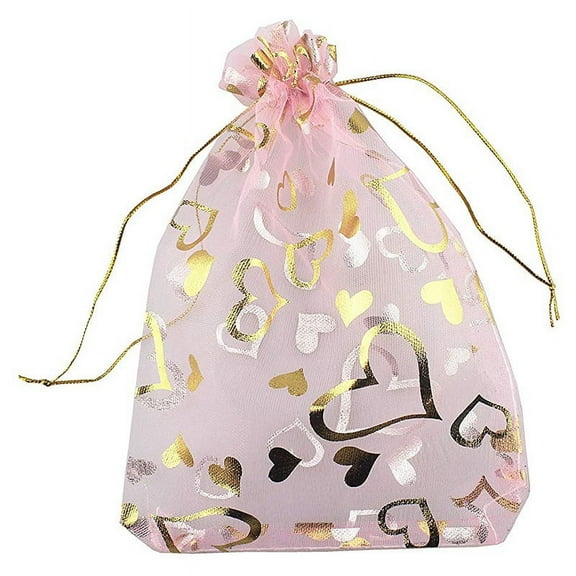 100 PCS 9X12cm Heart Printed Pink Organza Bags Jewelry Pouch Bags Organza Drawstring Pouches Wedding Favors Candy Gift Bags