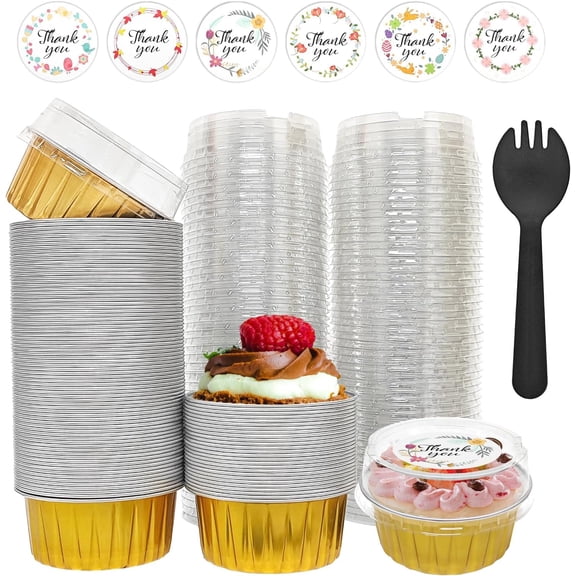 100 PCS Aluminium Foil Baking Cups, Mini Cake Pans with Lids and 100 PCS Spoons, 5 oz Disposable Baking Cups Foil Ramekins For Party Birthday Wedding Valentines (Gold)