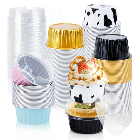 100 PCS Aluminium Foil Baking Cups, Mini Cake Pans with Lids, 5 Oz Foil Cupcake Cups Cupcake Liners for Party Birthday Wedding Valentines (5 Colors)