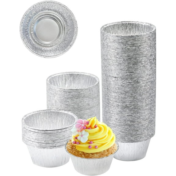 100 PCS Aluminum Foil Baking Cups, 4 oz Disposable Aluminum Foil Cups Round Mini Egg Tart Cases Mold for Cake Tarts Cupcakes, Muffin Liners Pan cake Bun Cases Tin Pie Trays for Baking,Silver