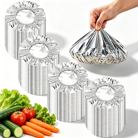 100 PCS Aluminum Foil Food Covers, Upgraded&Thickened Reusable Aluminum Foil Food Covers, 110℃ Heat Resistant Elastic for Meals Vegetable Fruit Leftovers for Kitchen Reusable Picnic Restaurant
