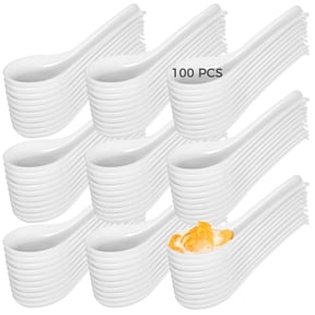 100 Pack Asian Soup Spoons with Hook Reusable White Plastic Chinese Soup Spoons, MultiPurpose Utensils for Pho, Ramen, Wonton, Dumplings, Ice Cream & More, Easy to Clean