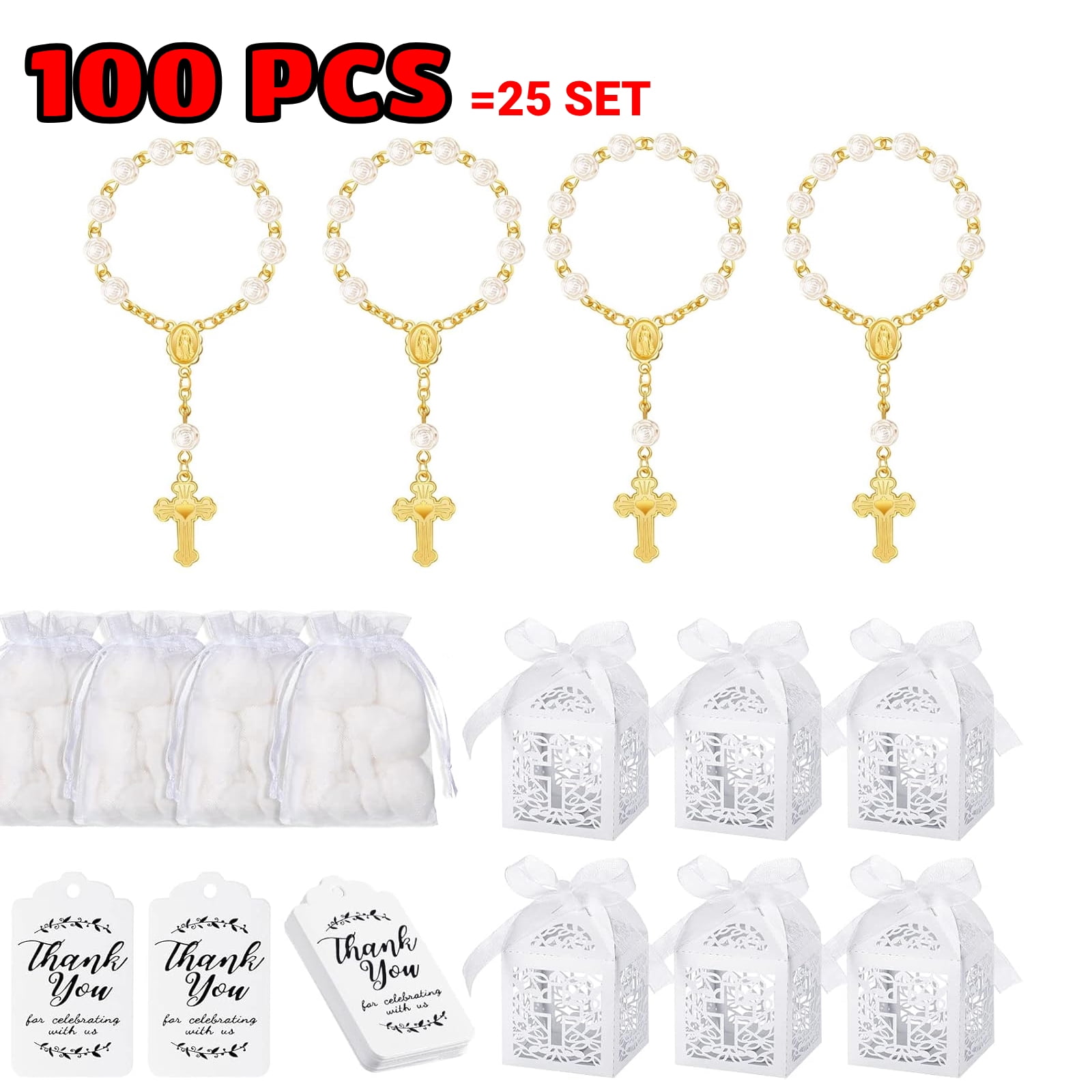 100 PCS Baptism Favors Set Includes Mini Rosary, Laser Cut Baptism Favor Boxes, Thank You Tags, White Organza Bags for Bautizo Recuerdos Christening Wedding Party Supplies
