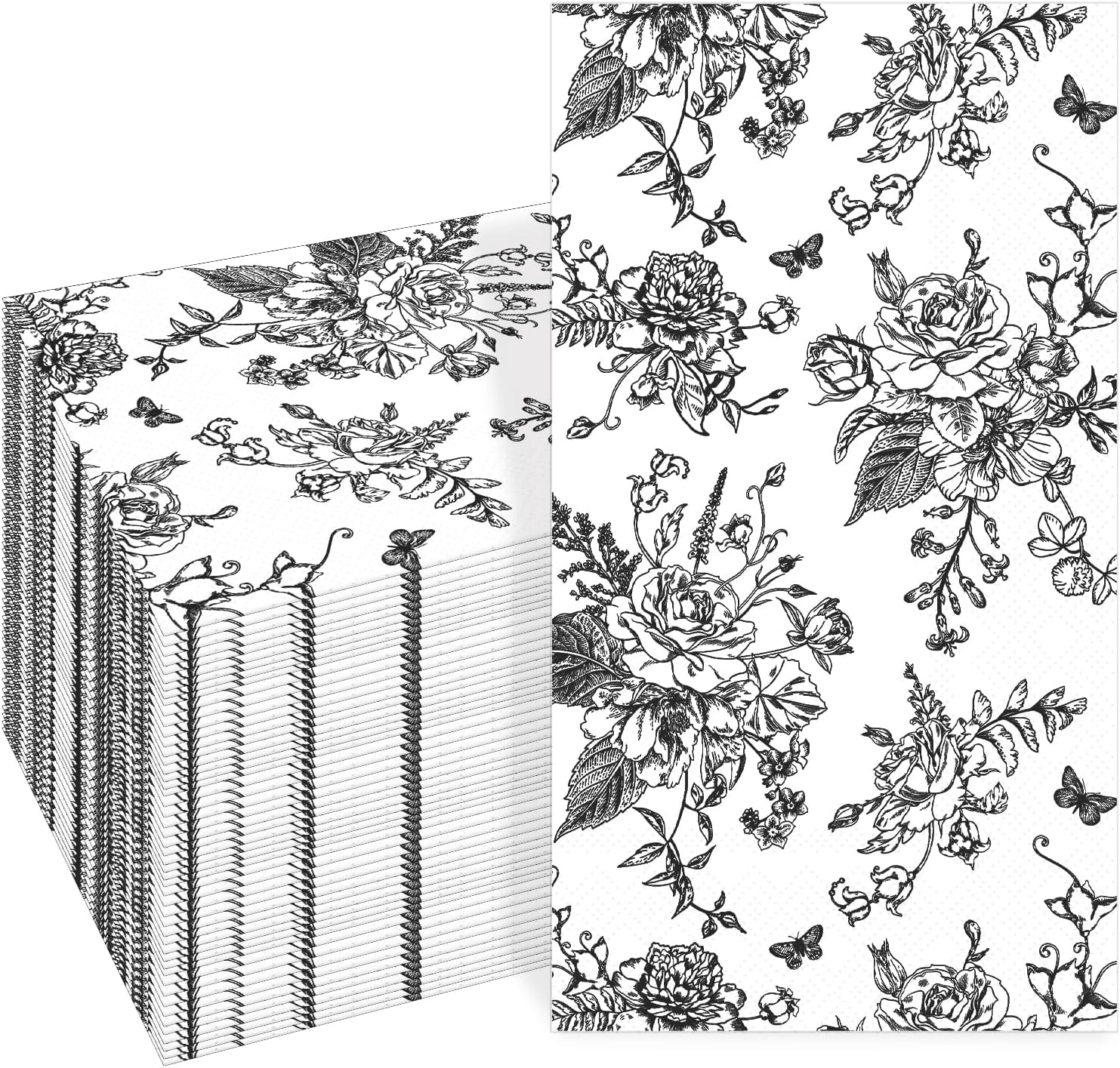 100 PCS Black Napkins Disposable, Black White Wildflower Paper Napkins 3-Ply Paper Towels Home Party Guest Bathroom Napkin Bridal Shower Wedding, Chinoiserie Napkins