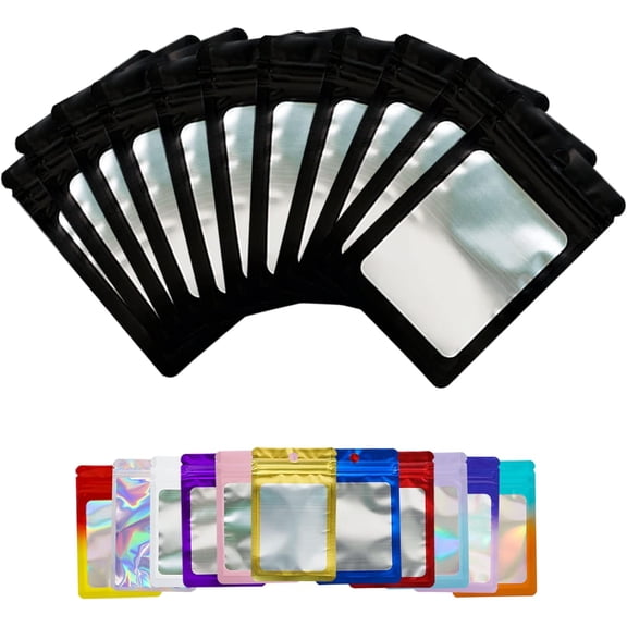 100 PCS Black Resealable Mylar Holographic Bags Food Storage Smell Proof Bags with Front Window Packaging Pouch for Cookies Sample Jewelry Snack, 2.36x3.94 Inch