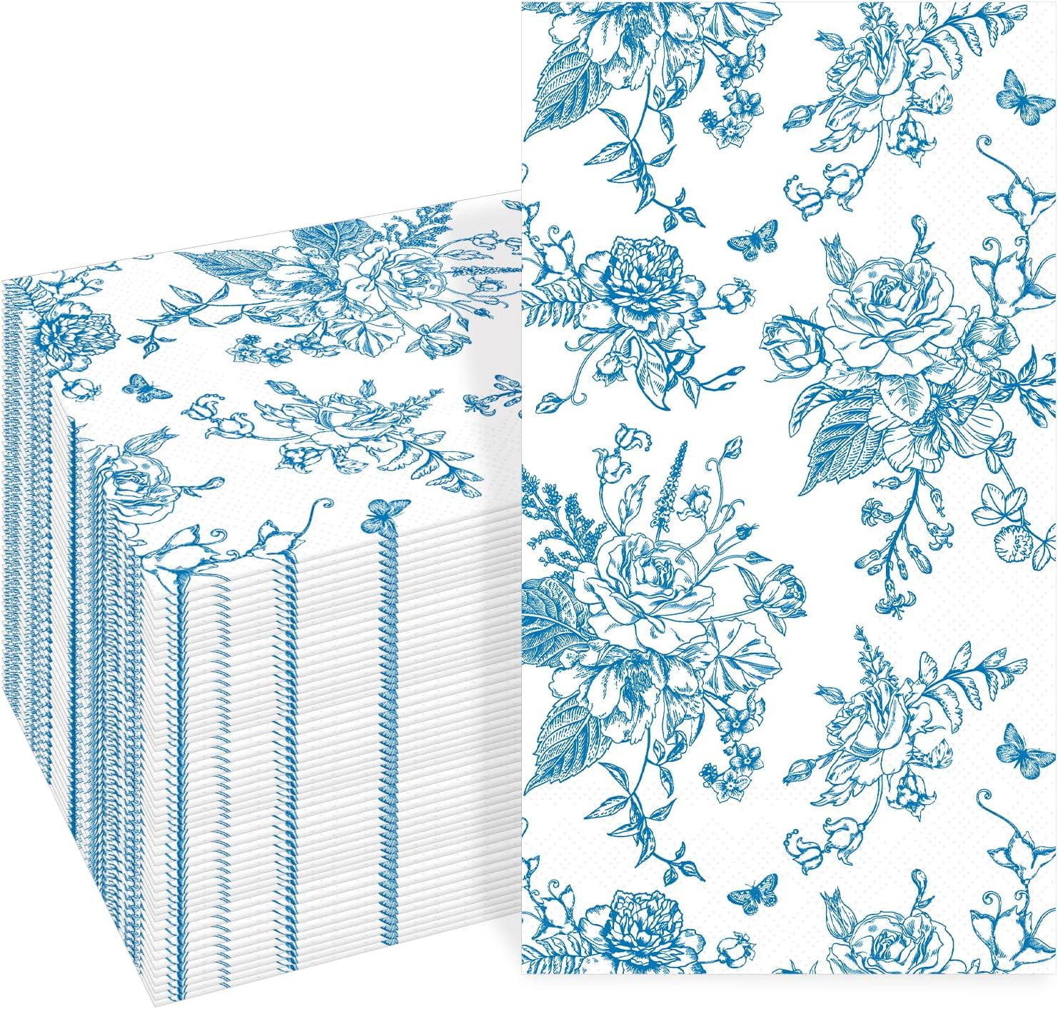 100 PCS Blue Floral Napkins for Bathroom 3 Ply Disposable Hand Towels Decorative Flower Guest Napkin Blue and White Chinoiserie Paper Napkins Bridal Shower Wedding Decorative Napkins