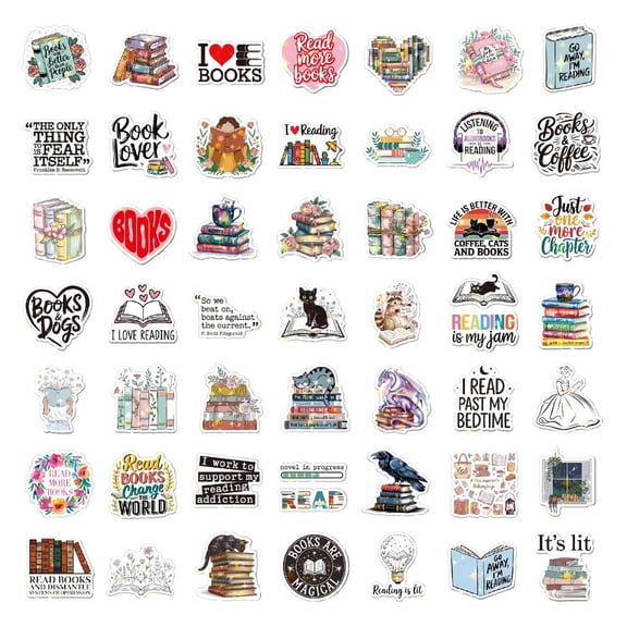 100 PCS Book Stickers, Holographic Bookish Sticker Pack Glitter Vinyl Decals for Water Bottle Luggage, Motorcycle, Skateboard Helmet, Refrigerator, Bicycle Sticker