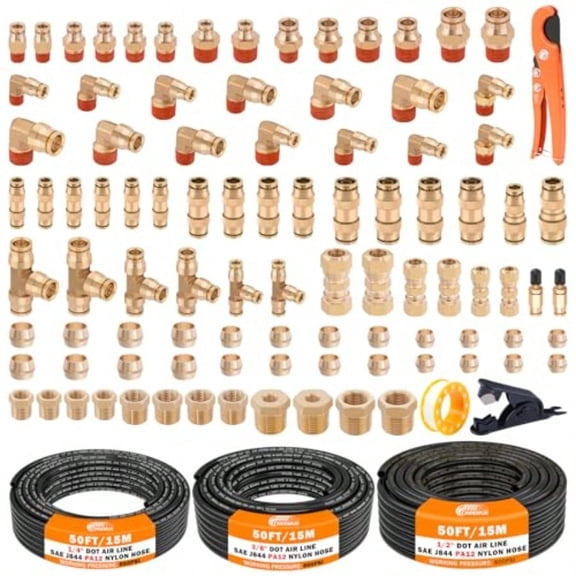 100 PCS Brass DOT Air Line Fittings with 3 Roll 50FT 1/4 3/8 1/2 DOT Air Lines Kit Push Lock Air Fitting Quick Connect Air Fittings with Air Hose Pneumatic Tubing