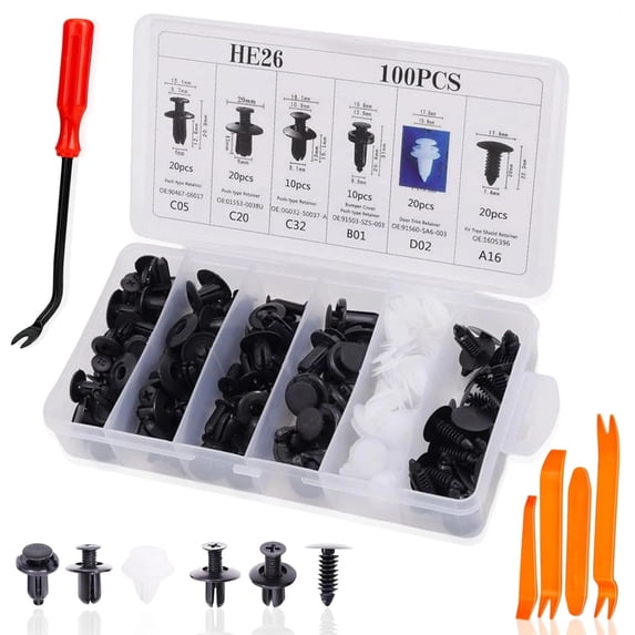100 PCS Car Bumper Retainer Clips Set - Universal Plastic Fasteners Kit with Fastener Remover, Heavy Duty Automotive Push Pin Rivets Assortment for Fender, Door Trim, Engine Cover (1 Set)