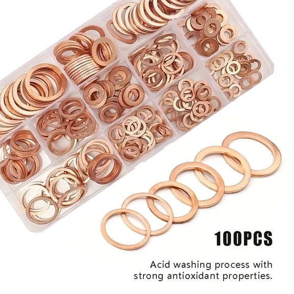 100 PCS Car Copper Crush Washers, Flat Sealing Crush Washer for Drain Plugs, Metric Washers Assortment Kit for Automotive, Motorcycl, Trucks