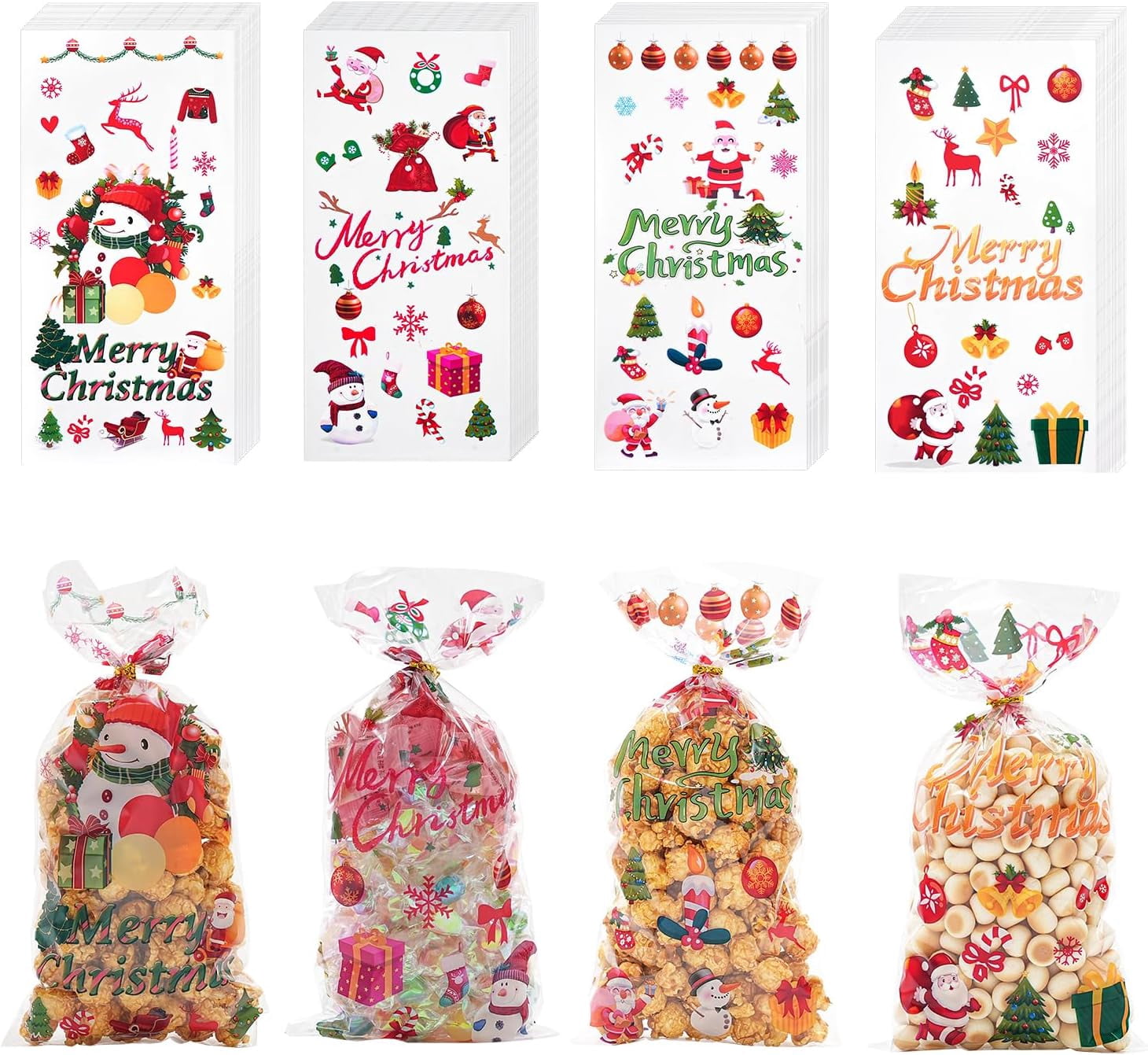 100 PCS Christmas Cellophane Treat Bags with Tie, Plastic Christmas ...