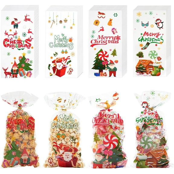 100 PCS Christmas Cellophane Treat Bags with Tie, Plastic Christmas Bags for Candy Goody Cookie Gift Wrap Xmas Pouches Winter Holiday Party Favors Supplies Decorations