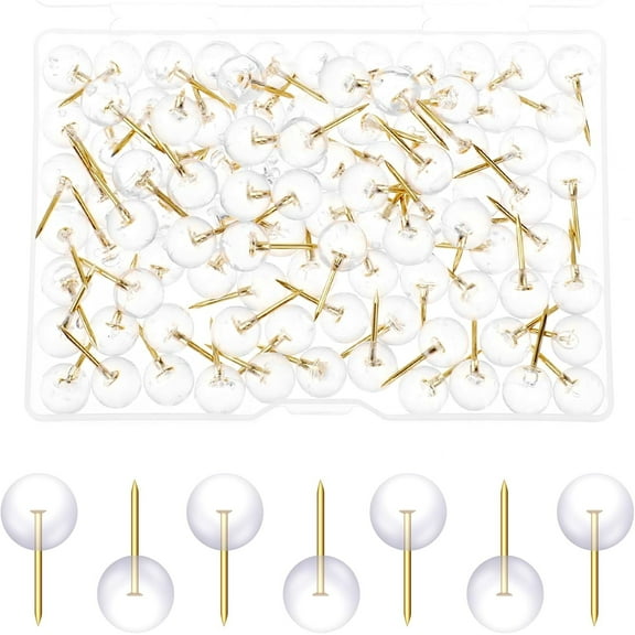 100 PCS Clear Push Pins,Standard Plastic Thumb Tacks,Round Head Tacks,Push Pins for Wall, Transparent Plastic Round Head for Bulletin Board, Crafts and Office Organization(Gold)