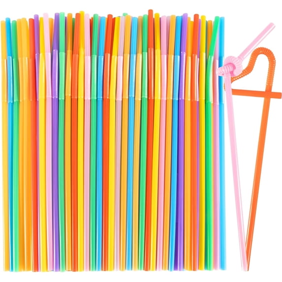 100 PCS Colorful Flexible Plastic Straws - Long Bendable Straw Disposable Drinking Straws Bulk Party Straw for Juice 10.2"Long X 0.24"Diameter