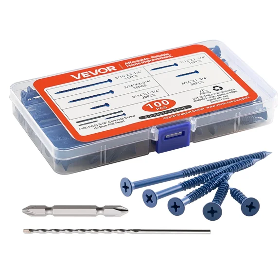 100 PCS Concrete Anchoring Screws, 3/16 Inch Diameter, 5 Varied Lengths, Phillips Drive, Includes Drill Bits, Carbon Steel with Blue Coating for Masonry and Wood